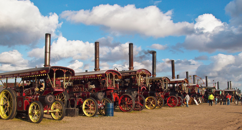 Lineup of showman's road locomotives at the Great Dorset Steam Fair