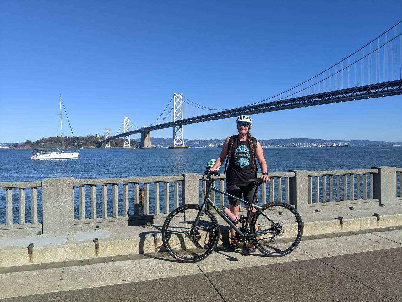 Lucy in front of the Bay Bridge